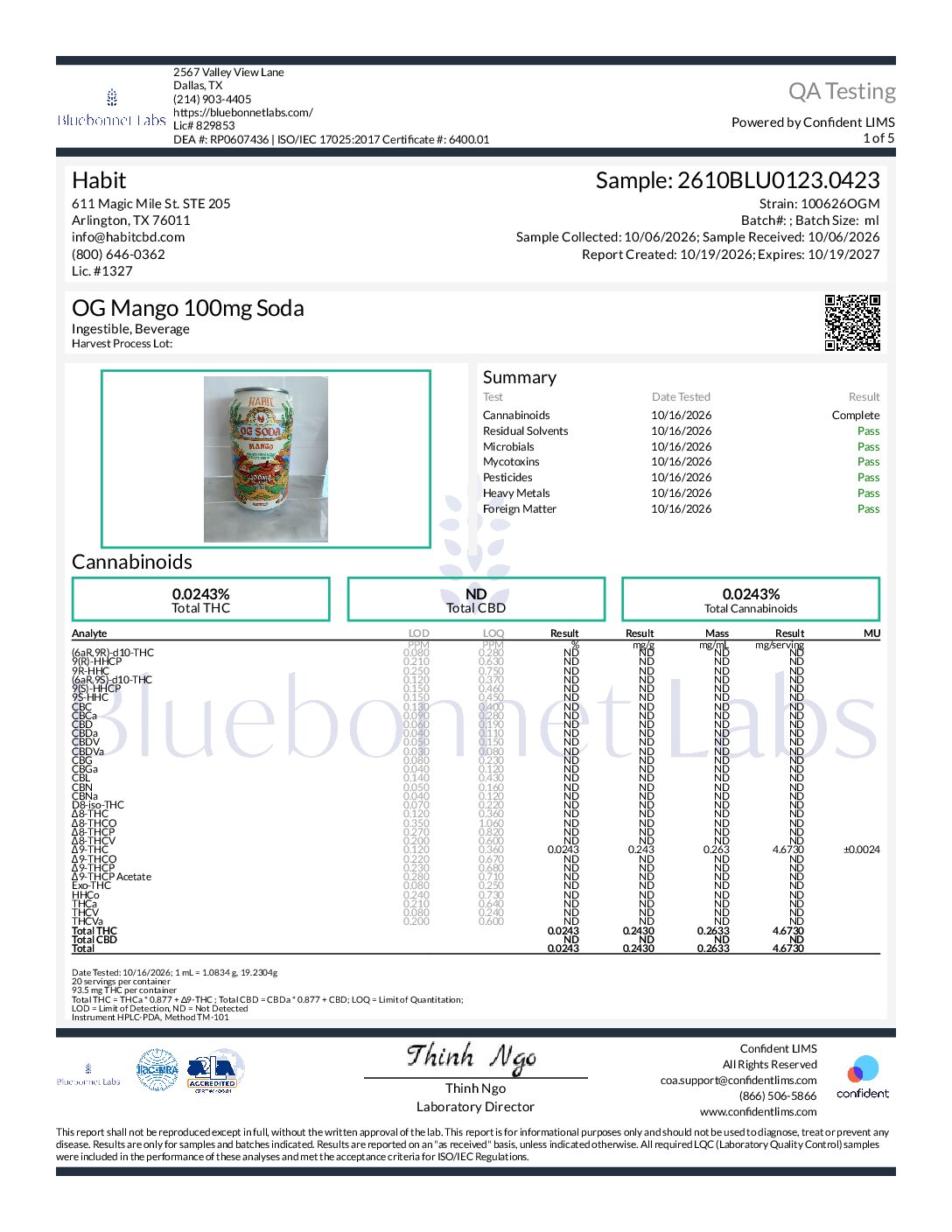 Delta 9 THC OG Soda – 100mg – Mango Lab Report Preview